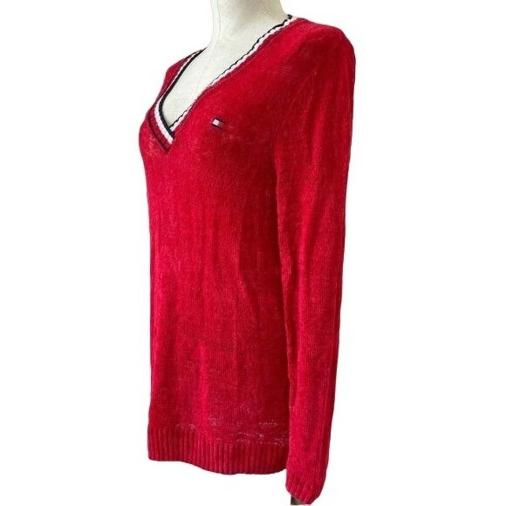 Tommy Hilfiger Sweater Pullover Long V Neck Classic Red Logo Sz Medium